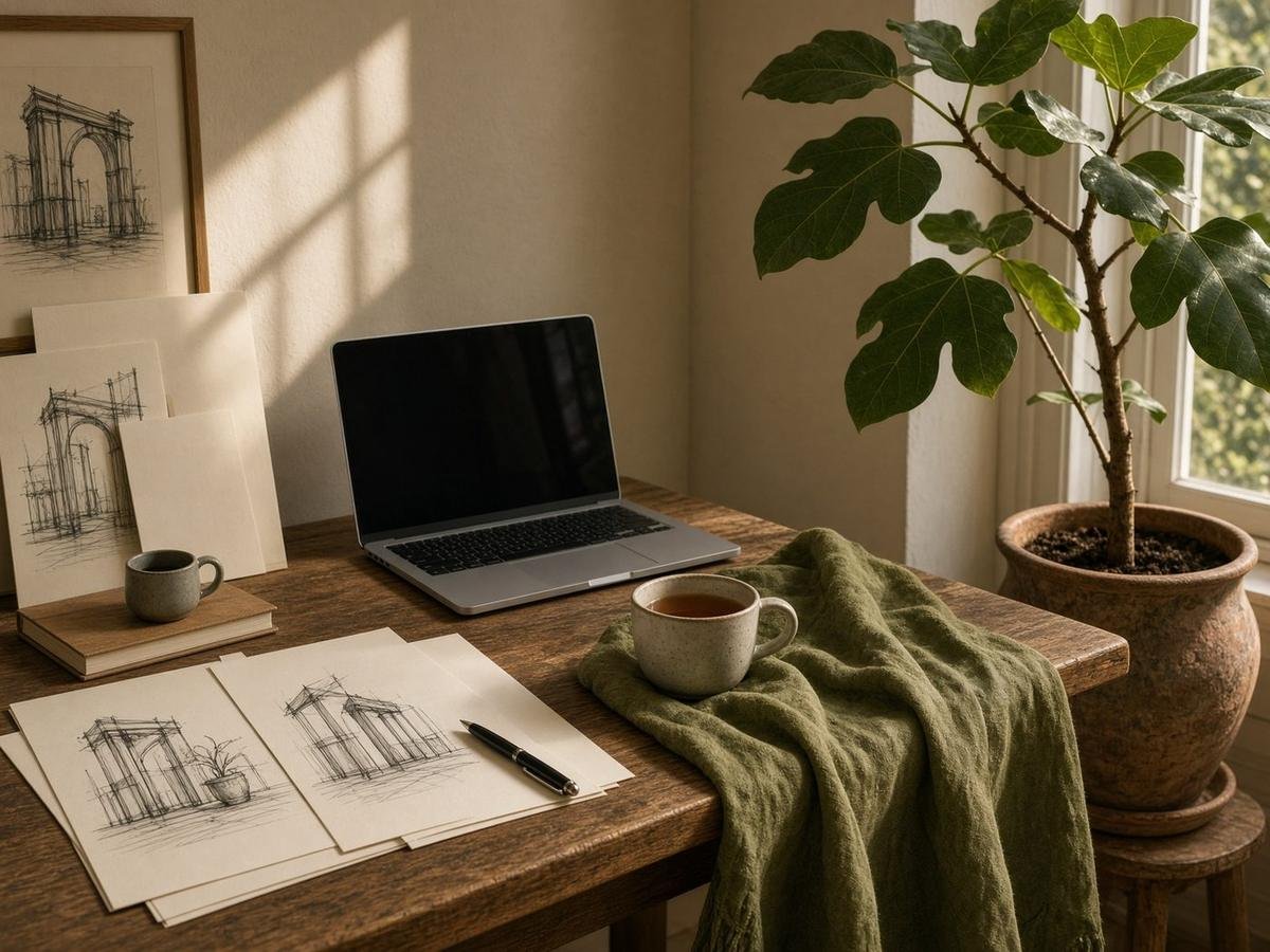 A sunlit studio worktable with sketches, stationery, and a fig tree