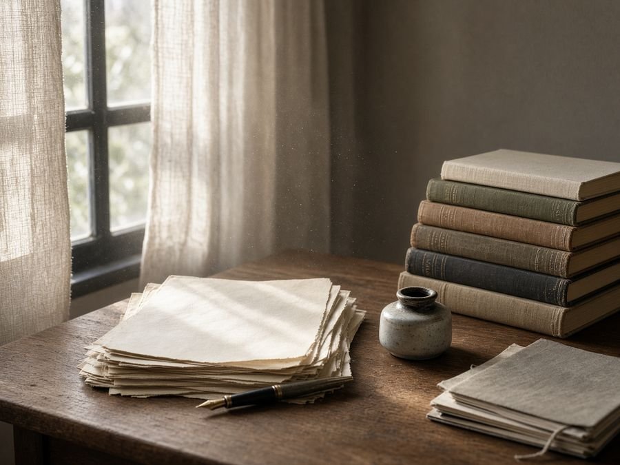 A writer's desk with manuscripts and a fountain pen