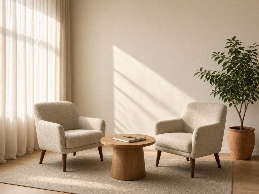Two quiet armchairs in a sunlit coaching room