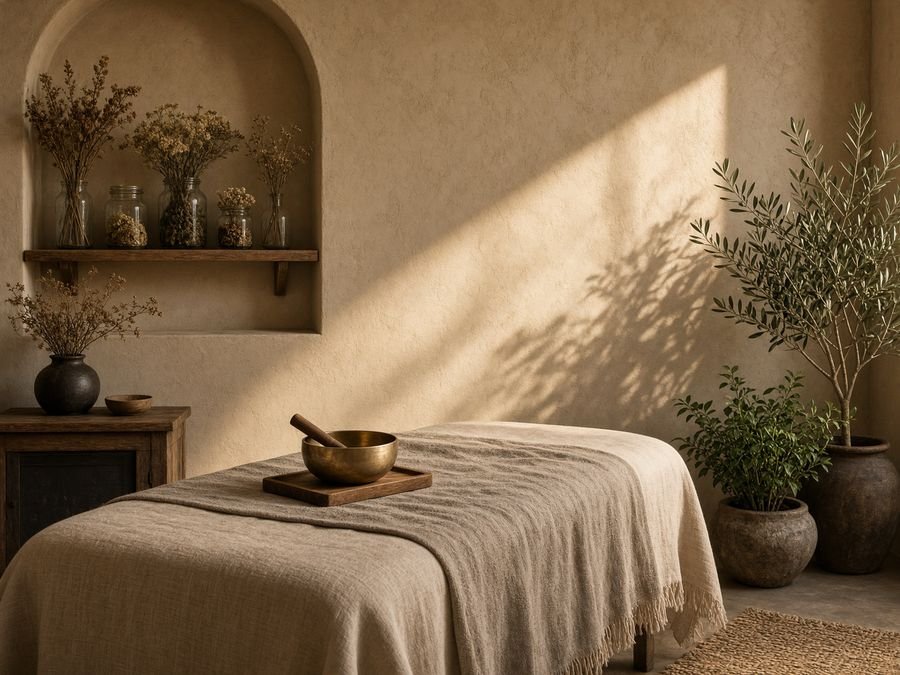 A linen treatment studio with plants and warm light