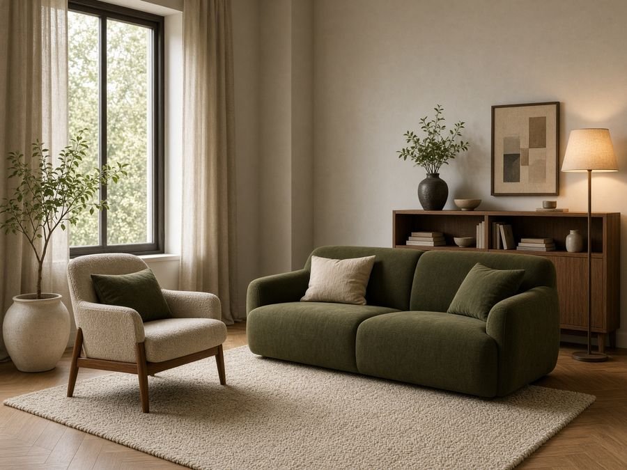 A warm consulting room with a sofa and armchair