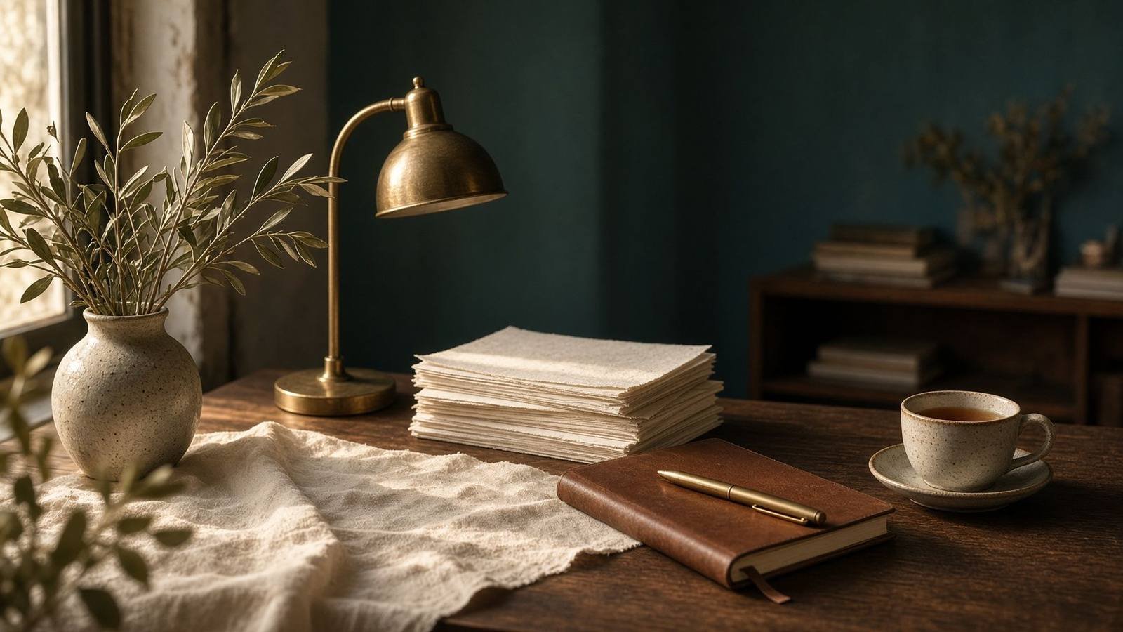 A quiet studio desk with brass light, paper, and olive branches